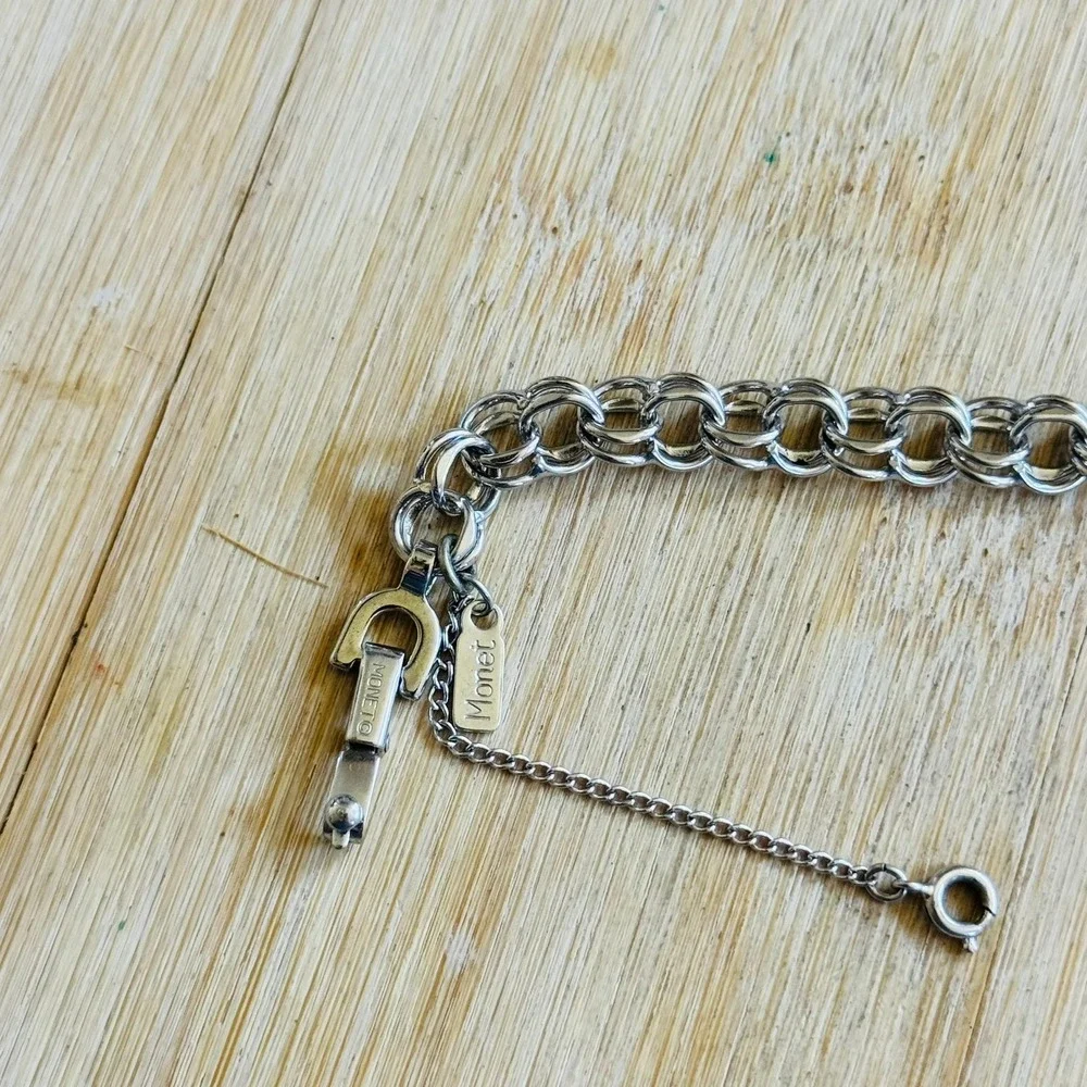 VTG Monet Silver Plated Double Rolo Chain Bracelet Charm Starter MCM Retro 7.5